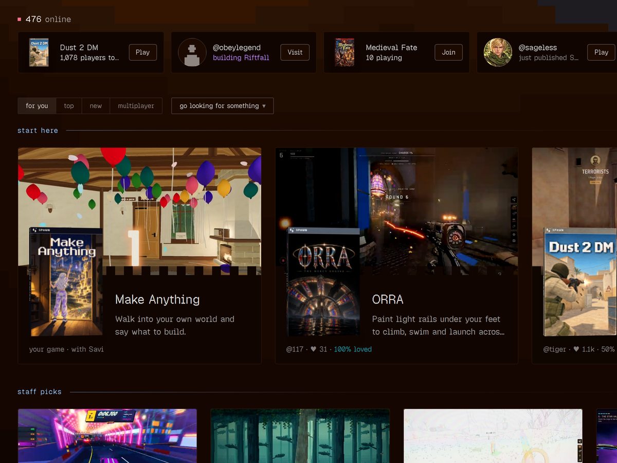 Spawn’s home page with games to play